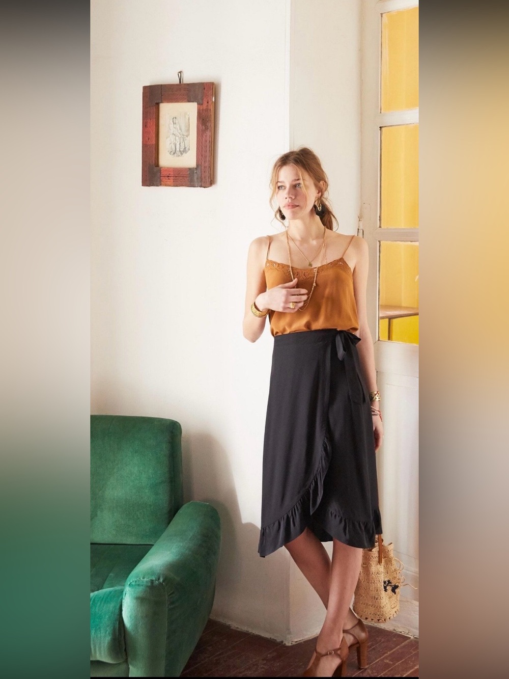 Sezane Adriana Black Wrap tulip Ruffle Skirt sz 36 rare